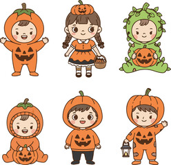 Cute Kids in Pumpkin Costumes Character Set
