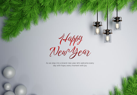 Festive 3D New Year Background Mockup with Pine Branches and Decorative Light Lamps