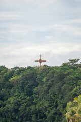 A large wooden cross standing atop a lush green hill surrounded by tropical trees under a cloudy sky