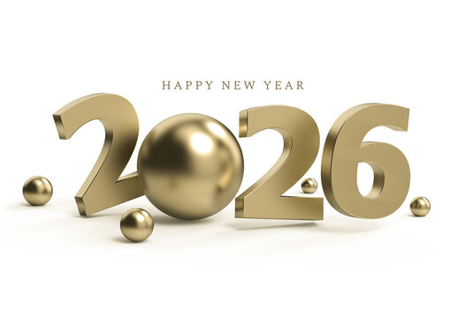 3D Rendering Luxury Gold Happy New Year 2026 Mockup on White Background