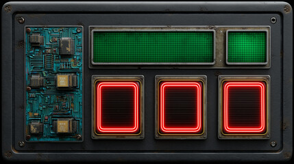 Retro-futuristic control panel with circuit board, glowing red buttons, and green LED screens in a sci-fi industrial interface design.
