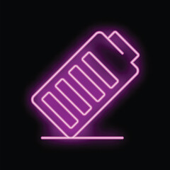 Bright pink neon sign in the shape of a battery with all bars illuminated, signaling a full charge and representing energy and power