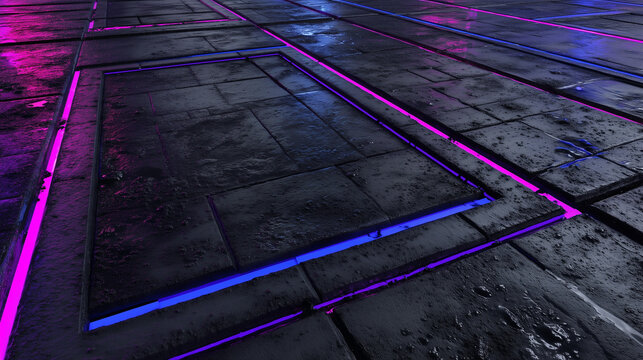Futuristic wet pavement with glowing neon purple and blue lights forming abstract geometric patterns at night.