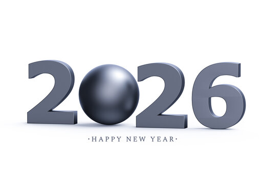3D Rendering Happy New Year 2026 Metallic Numbers on White Background