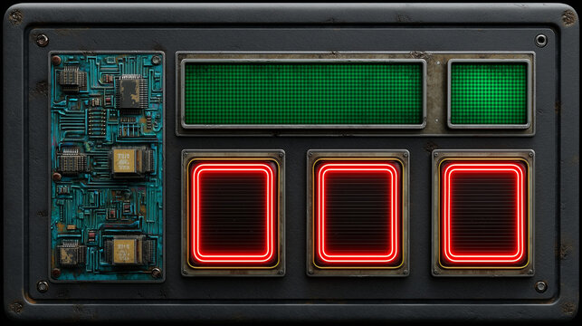 Retro-futuristic control panel with circuit board, glowing red buttons, and green LED screens in a sci-fi industrial interface design.