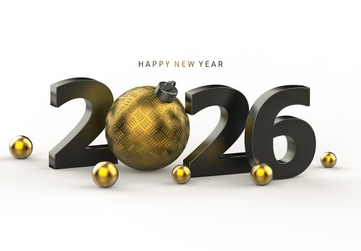 Luxury Black and Gold 2026 New Year 3D Rendering