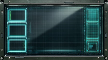 Futuristic digital interface screen with glowing HUD elements, sci-fi style grid layout, and high-tech UI design.