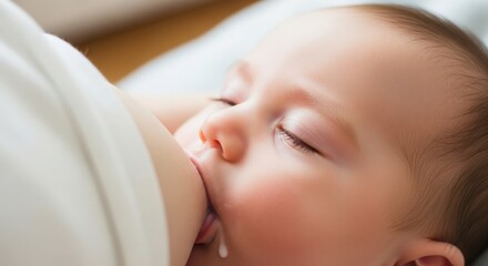 Closeup of a baby peacefully breastfeeding while sleeping with eyes closed
