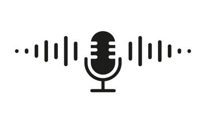 Microphone icon with sound waves, audio voice recognition, recording voice message sign, speech podcast mic symbol