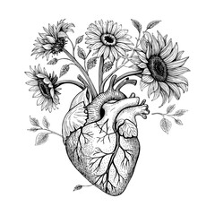 Black and white line art anatomical heart with sunflowers, minimalist hand-drawn botanical illustration symbolizing life and growth
