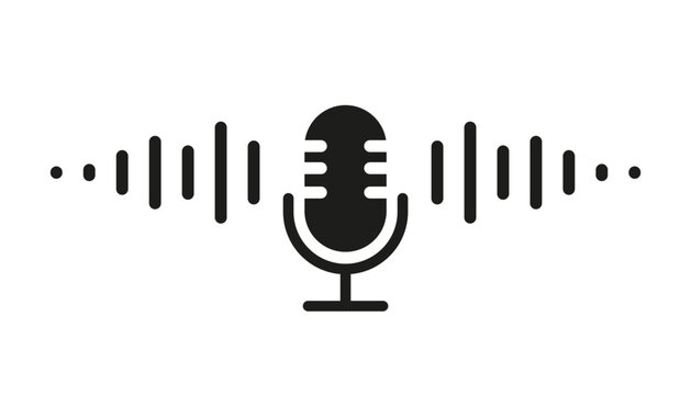 Microphone icon with sound waves, audio voice recognition, recording voice message sign, speech podcast mic symbol