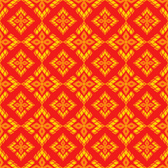Seamless pattern in applied Thai style. Geometric flowers in golden-yellow on a bright red background. Traditional Asian style.