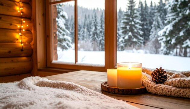 The image depicts a cozy indoor scene with a lit candle placed on a wooden windowsill. Outside the window, there is a snow-covered landscape featuring tall trees and a blanket of fresh snow, suggestin