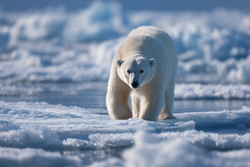 Polar Bear On Fractured Pack Ice Near Spitsbergen, Head Down Sniffing Open Lead, Textured Floes And Gray Arctic Sea, Wildlife In Svalbard, Nature Editorial, Climate Habitat, Remote Arctic Scene