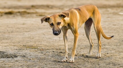 emaciated. A thin stray dog wandering on barren land with visible ribcage under natural light. wildlife magazines, conservation campaigns, designed for eco-tourism storytelling.