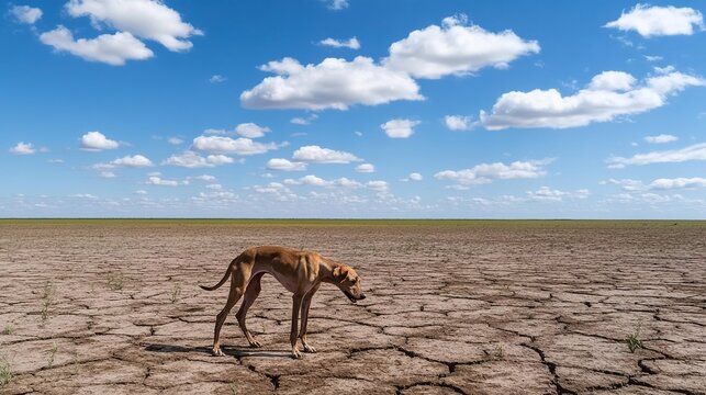 emaciated. A thin stray dog wandering on barren land with visible ribcage under natural light. wildlife magazines, conservation campaigns, designed for eco-tourism storytelling.