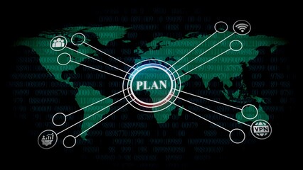 Global Plan Network Concept with Icons and Green Binary Code World Map global network technology