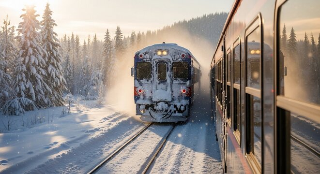 A train travels through a snowy forest on a bright winter day