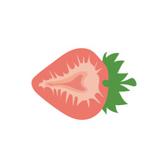 Strawberry half illustration. Flat strawberry half with seeds and green calyx, perfect for food, dessert, and healthy-eating designs.
