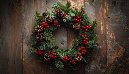 Classic Holiday Wreath Adorned with Pine Cones and Red Berries on Rustic Wooden Door Traditional Evergreen Festive Decoration for Winter Season