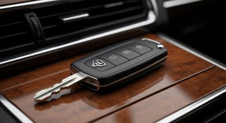 Car key on a polished wood dashboard, near air vents, close-up shot