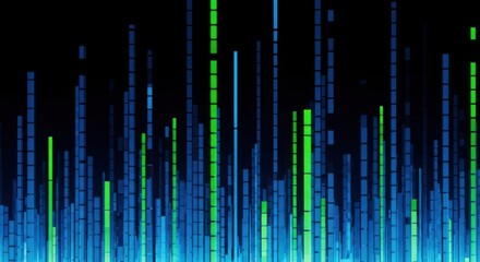 Abstract digital cityscape of blue and green vertical light streaks