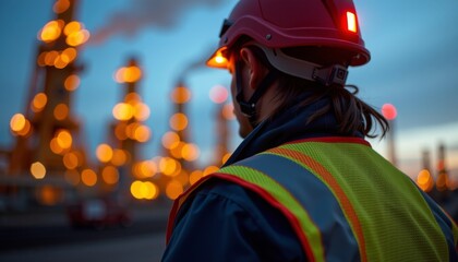 Obraz premium Female worker in safety vest overlooking industrial site at dusk focused on safety and operations