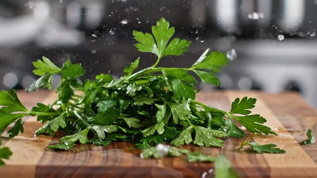 Fresh parsley on wooden kitchen countertop