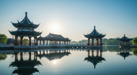 Fototapeta premium Chinese pavilions on lake, reflecting in still water, hazy sunny sky