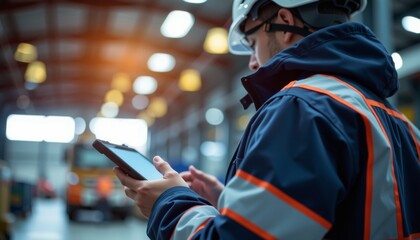 Warehouse worker using tablet in distribution center industrial environment focused viewpoint on operations