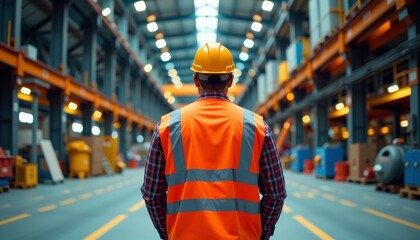 Industrial worker in high visibility vest warehouse professional image indoor environment side view safety focus