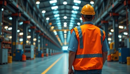 Worker in yellow hard hat overseeing industrial warehouse operations modern space interior professional perspective