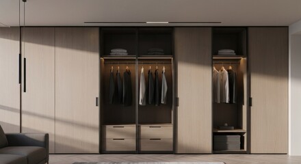 Built-in wardrobe with clothes hanging and folded, in a modern interior
