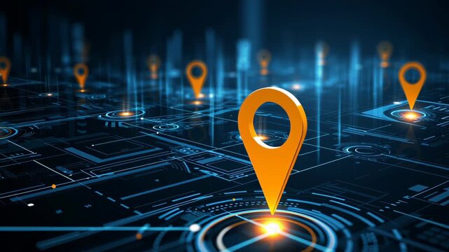 Futuristic digital map with location pins on a high-tech background for navigation and GPS concepts