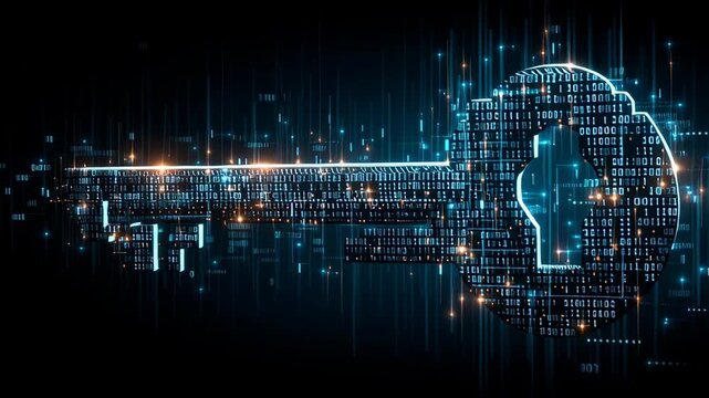 Digital key concept with binary code, representing cybersecurity and data protection technology