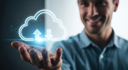 Cheerful man presenting a cloud computing concept with upload and download icons
