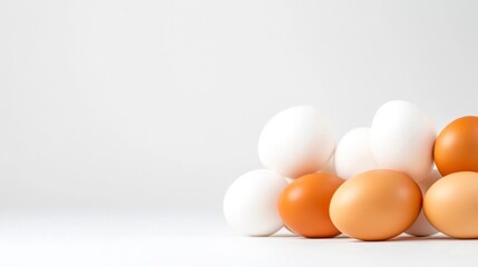 Fototapeta premium Fresh Eggs Displayed on a Clean Surface with Neutral Background for Cooking or Baking