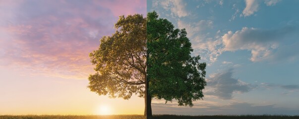 A split image of a tree showcasing contrasting seasons, with vibrant colors on one side and a more muted palette on the other, symbolizing change and nature's cycles.