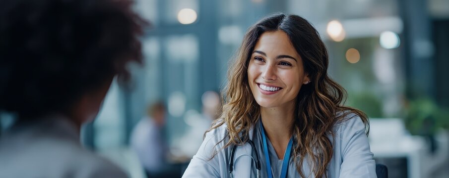 A smiling healthcare professional engages in conversation with a patient, showcasing a positive and friendly atmosphere in a medical setting.