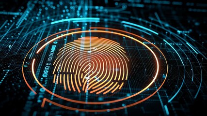Futuristic fingerprint technology with glowing circuits and data visualization for security and innovation - Powered by Adobe