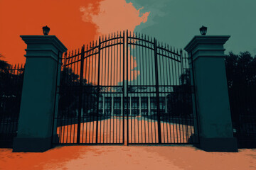 Remembrance Memorial Tribute Retro Concept, Retro memorial wrought iron gate creates nostalgic remembrance tribute dusk with dramatic orange