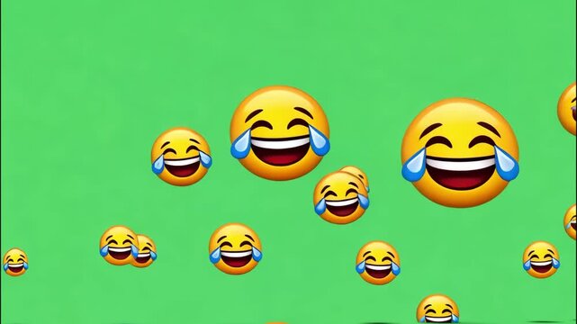 A vibrant and playful image features a multitude of laughing emoji faces with tears of joy, scattered across a bright green background, creating a cheerful and lighthearted scene ai generated vedio