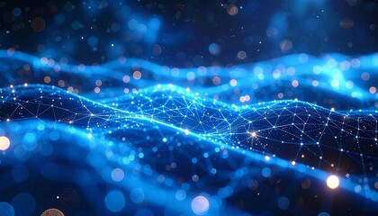 Web of glowing filaments representing interconnected AI nodes, bokeh lighting, depth field blur, sleek futuristic environment, blue-white tones.