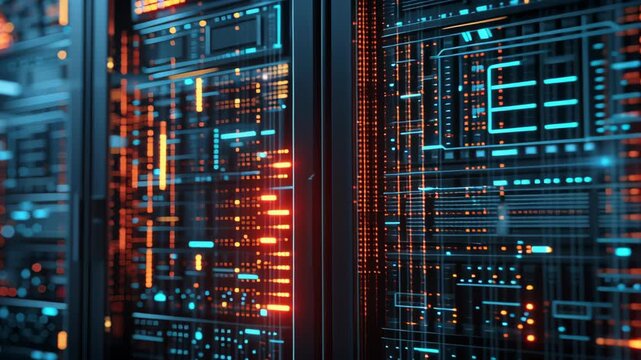 Futuristic data center with glowing servers and advanced technology for modern computing