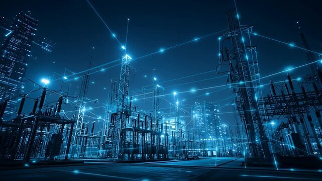 Futuristic power station at night with glowing technology and city skyline in the background