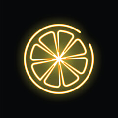 Yellow neon sign is glowing in the dark, showing a lemon slice