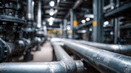 Abstract and complex view of an industrial piping network with numerous metallic valves set within a manufacturing plant or refinery emphasizing its