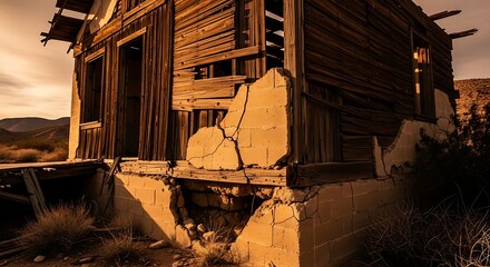 Obraz premium Golden Hour Decay - Weathered Wooden Shack with Crumbling Foundation in Arid Wilderness.