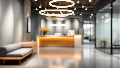 Modern office lobby with reception desk, seating, and contemporary lighting
