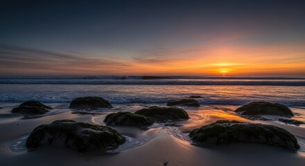 Dramatic sunset over ocean waves reflecting on wet sandy beach with rocks